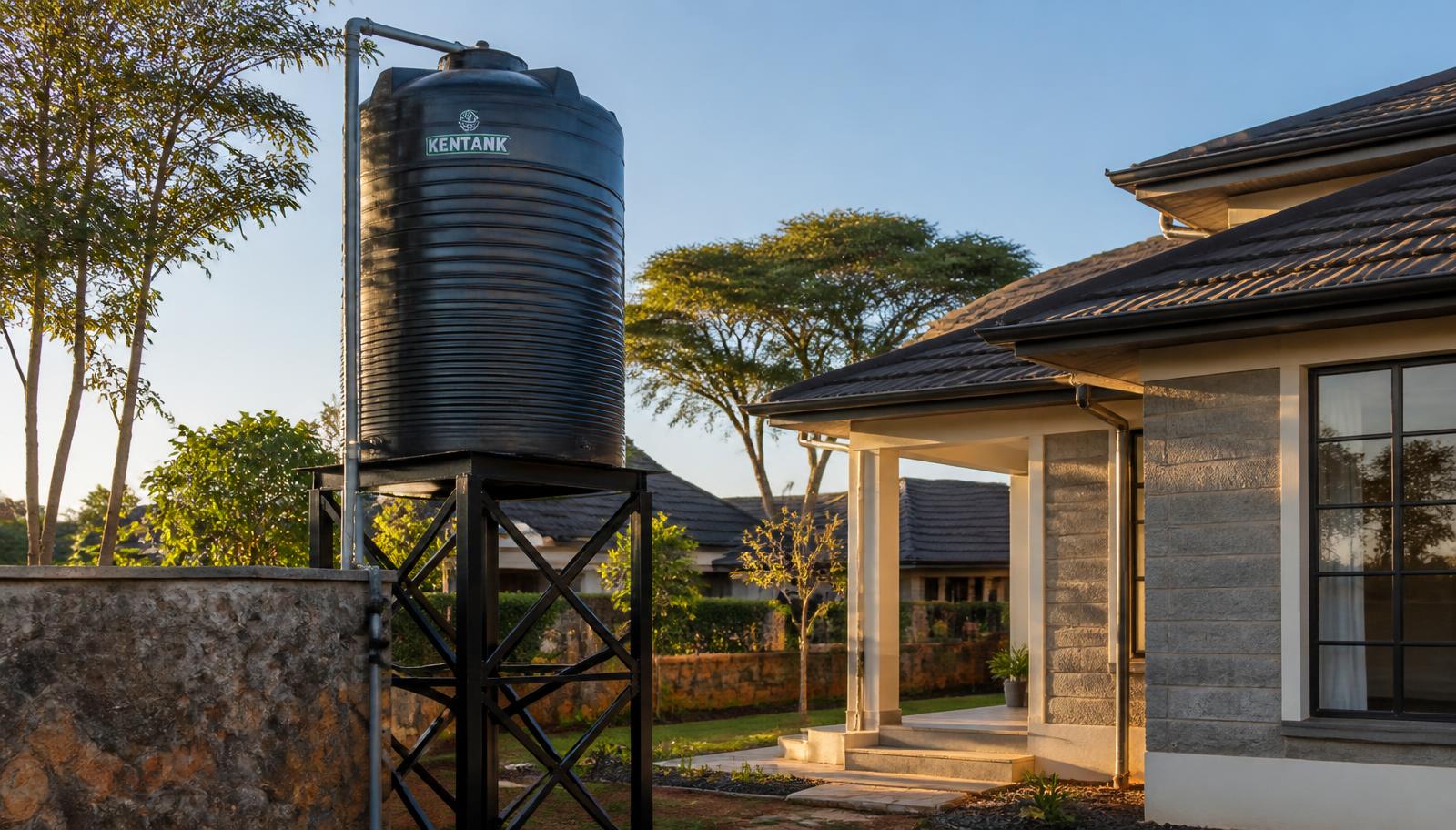 Kentank water tank installed on a raised stand at a Kenyan home